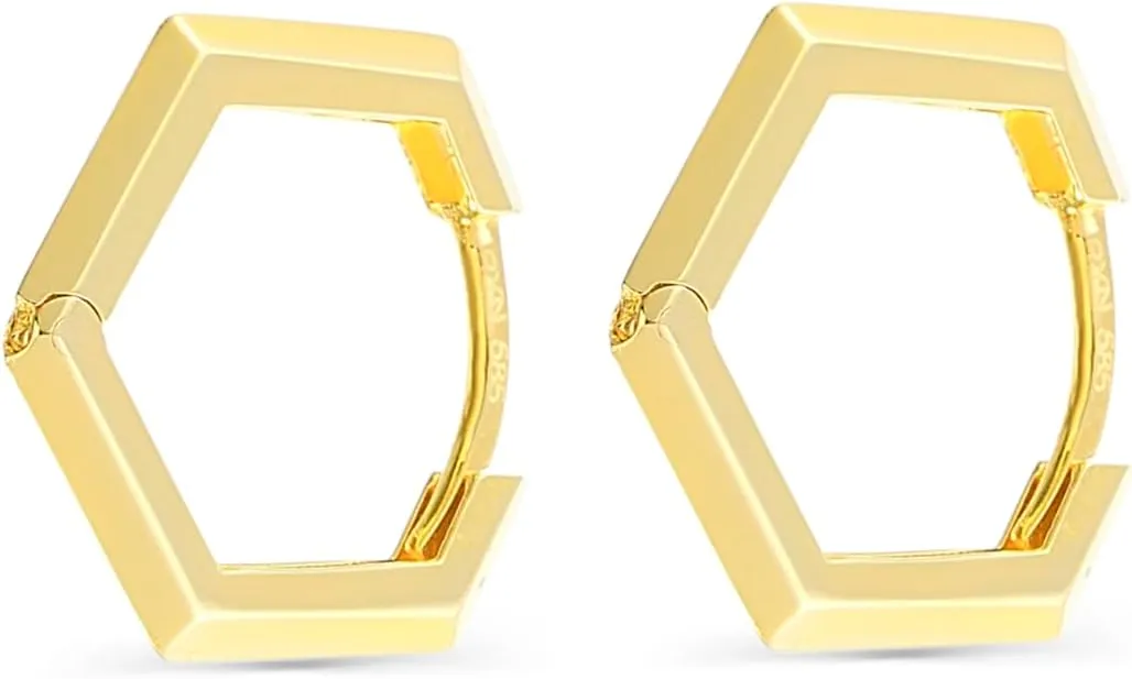 14K Gold Hexagon Earrings, Dainty initial Hexagon Earrings, 14K Solid Gold Geometric Earrings, Minimalist Hexagon Earrings, Hoops Earrings
