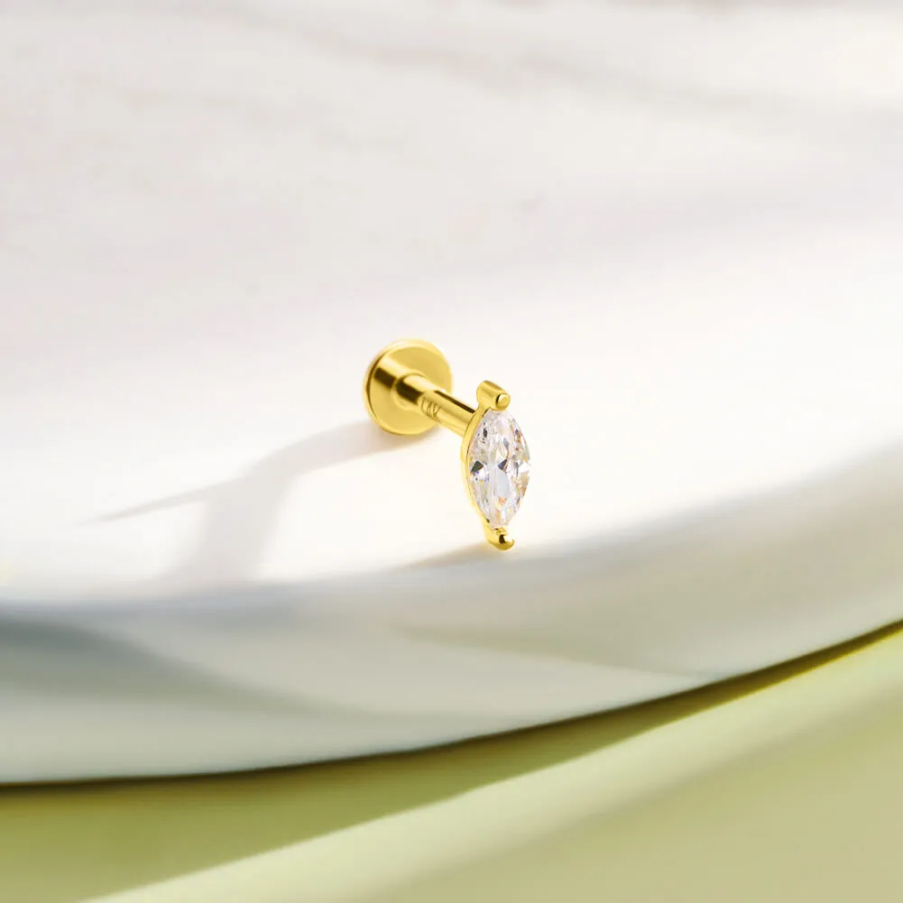 14K Solid Gold Marquise CZ Top Push Pin Conch Stud Jewelry