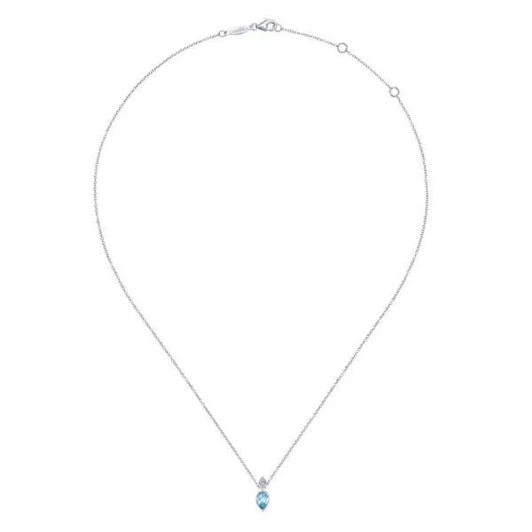 14K White Gold Pear Shape Swiss Blue Topaz Pendant Necklace with Diamond Accents