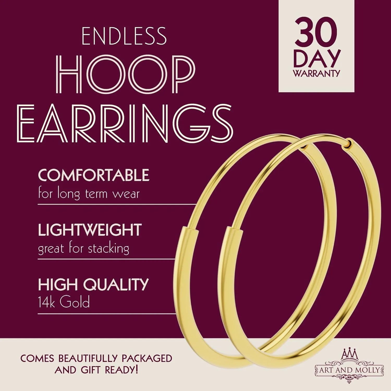 14k Yellow Gold Endless Hoop Earrings Round Flexible Thin Small little Continuous Real Pure Gold Hoops