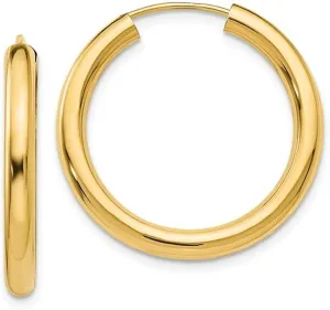 14K Yellow Gold Thick Real Endless Hoop Earrings, (3mm Tube)