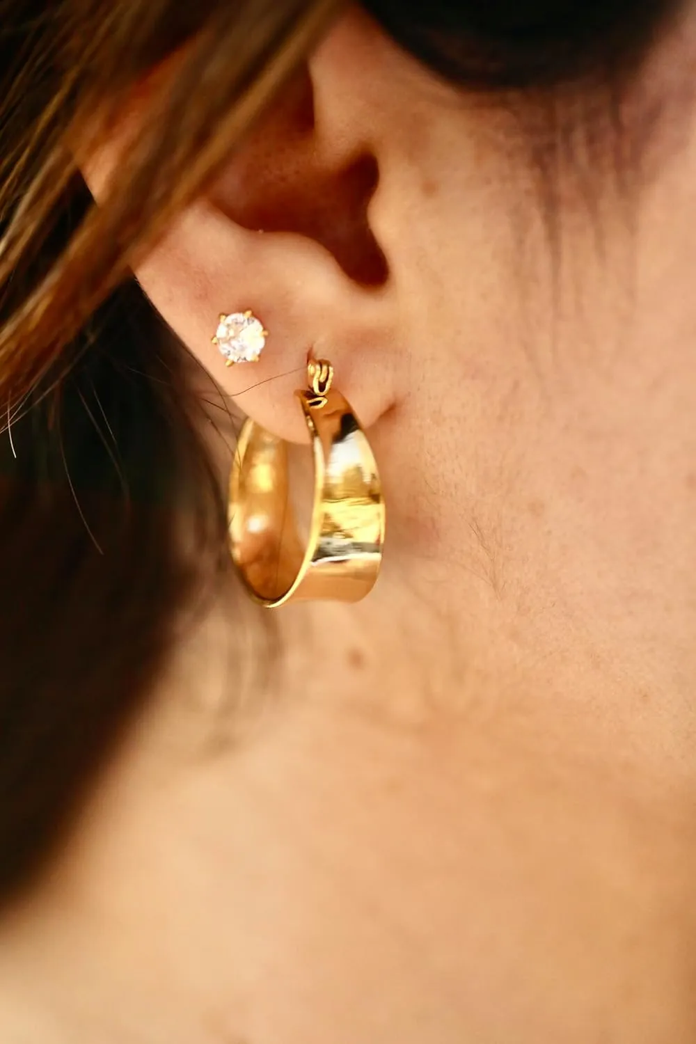 18K Gold Plated Flat Hoops | Wide hoop earrings | Thick Huggie Hoops | Chunky gold hoops | Light weight Hoop Earrings for Women