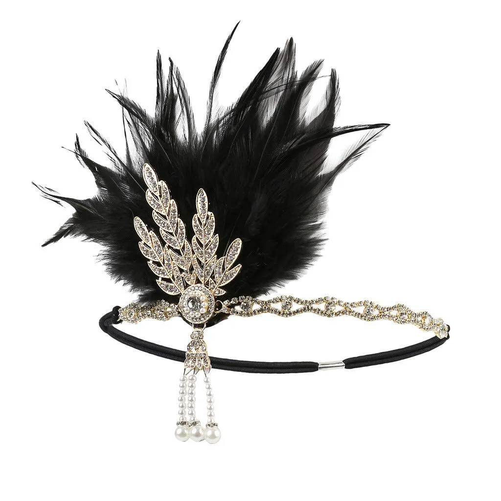 1920s Headpiece Flapper Headband Fancy Womens Fascinator Hair Clips Headband Clip Church Mesh Feathers on a Headband (D-Black, One Size)