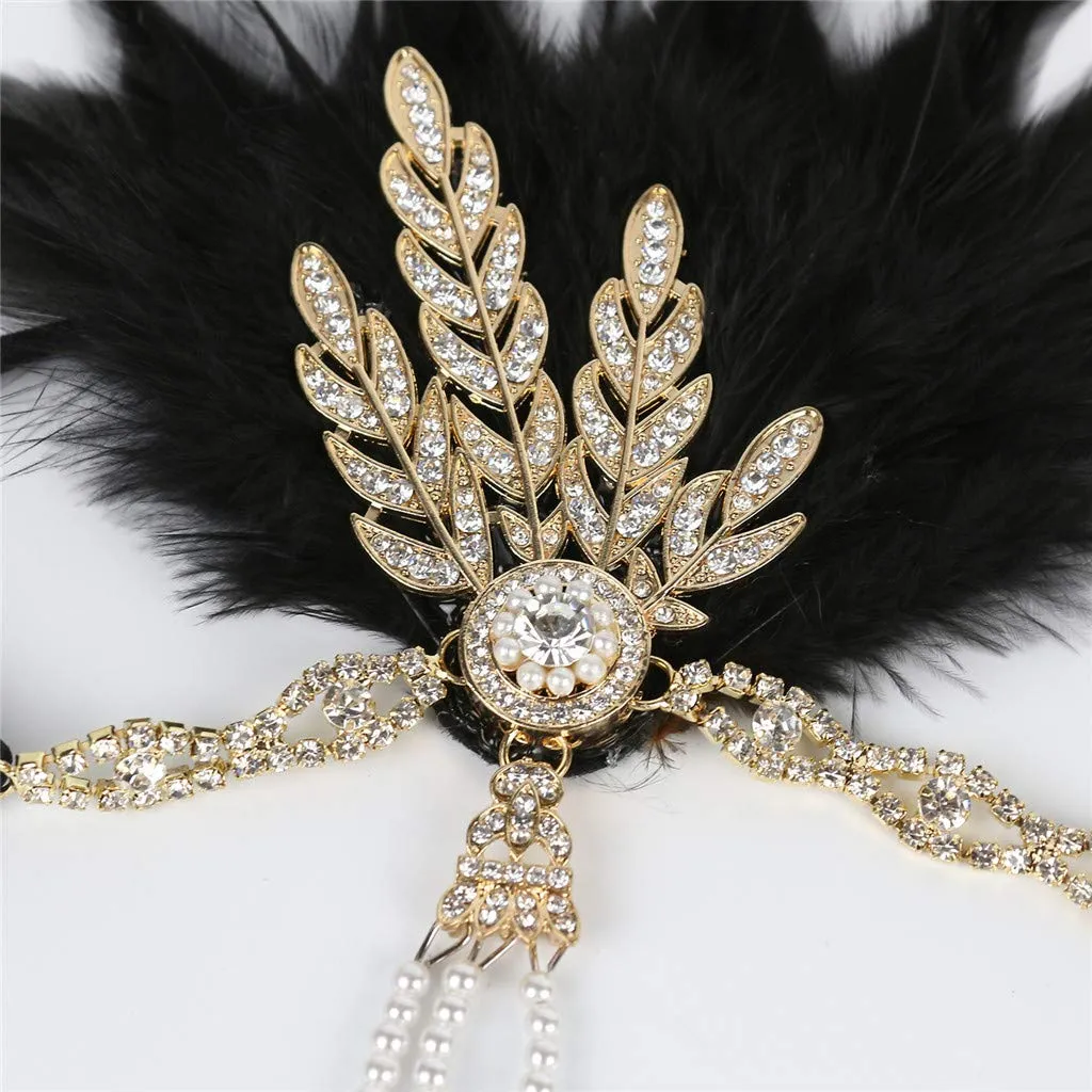 1920s Headpiece Flapper Headband Fancy Womens Fascinator Hair Clips Headband Clip Church Mesh Feathers on a Headband (D-Black, One Size)