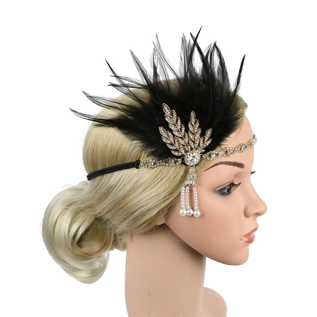 1920s Headpiece Flapper Headband Fancy Womens Fascinator Hair Clips Headband Clip Church Mesh Feathers on a Headband (D-Black, One Size)