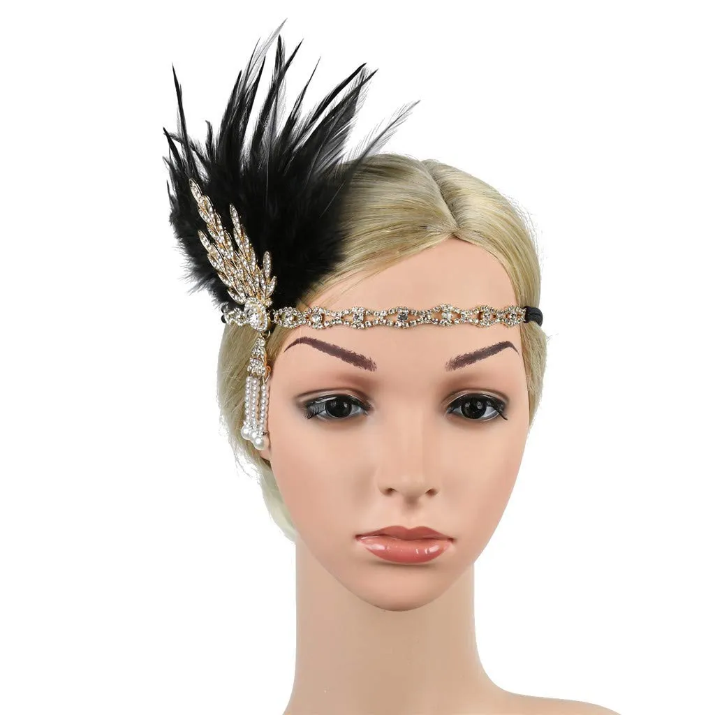 1920s Headpiece Flapper Headband Fancy Womens Fascinator Hair Clips Headband Clip Church Mesh Feathers on a Headband (D-Black, One Size)