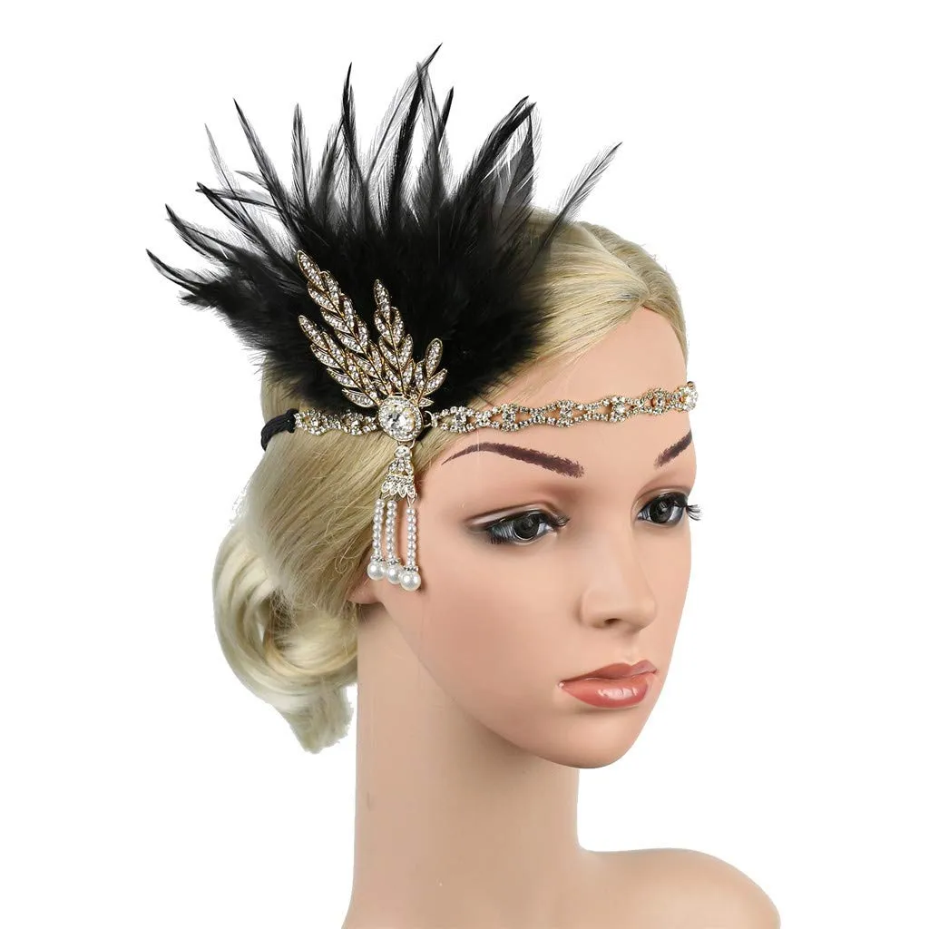 1920s Headpiece Flapper Headband Fancy Womens Fascinator Hair Clips Headband Clip Church Mesh Feathers on a Headband (D-Black, One Size)