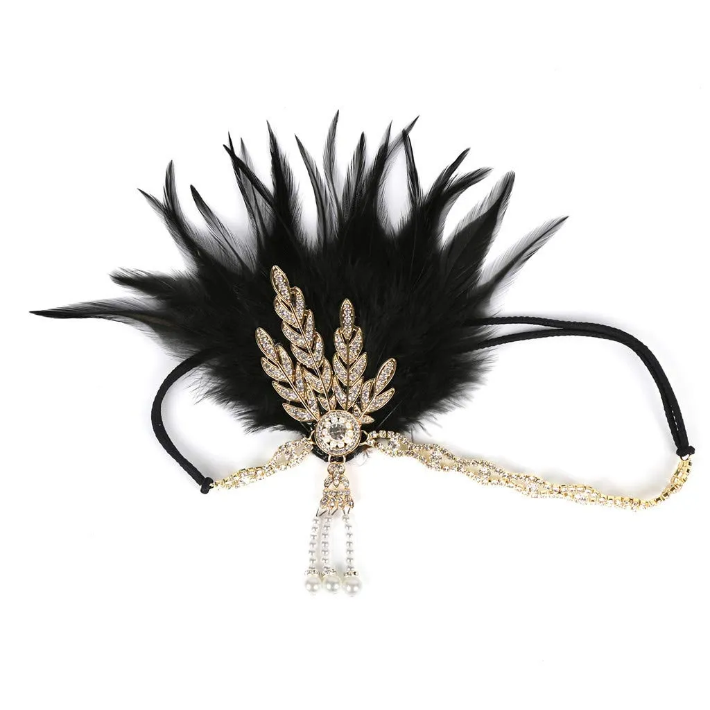 1920s Headpiece Flapper Headband Fancy Womens Fascinator Hair Clips Headband Clip Church Mesh Feathers on a Headband (D-Black, One Size)
