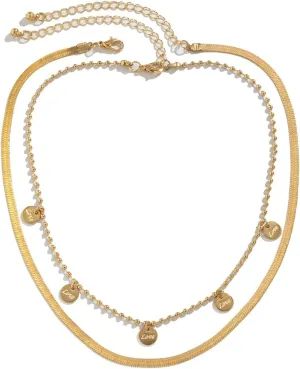 2 Layer Layered Necklaces Sets for Women , Love Flat Snake Chain Gold Layering Necklaces for Women