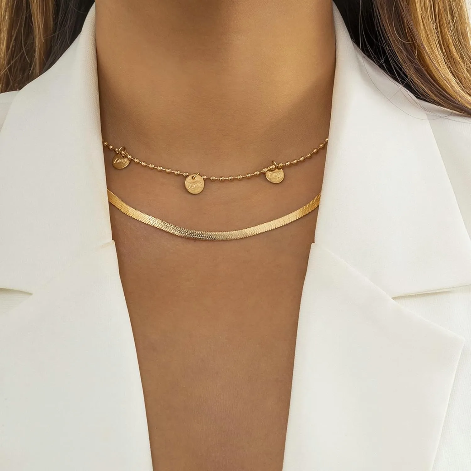 2 Layer Layered Necklaces Sets for Women , Love Flat Snake Chain Gold Layering Necklaces for Women