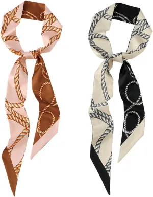 2 Pack Silk Purse Scarf For Handbags Head Hair Ribbon Fashion Skinny Scarf For Women Long Neckerchief