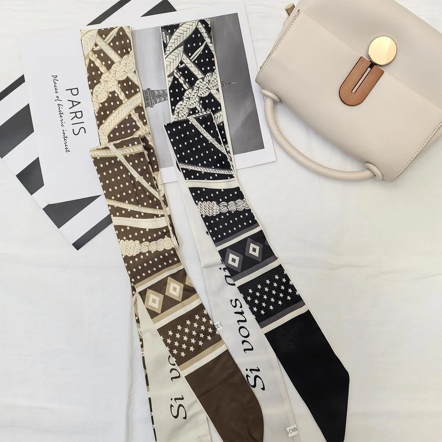 2 Pack Silk Purse Scarf For Handbags Head Hair Ribbon Fashion Skinny Scarf For Women Long Neckerchief