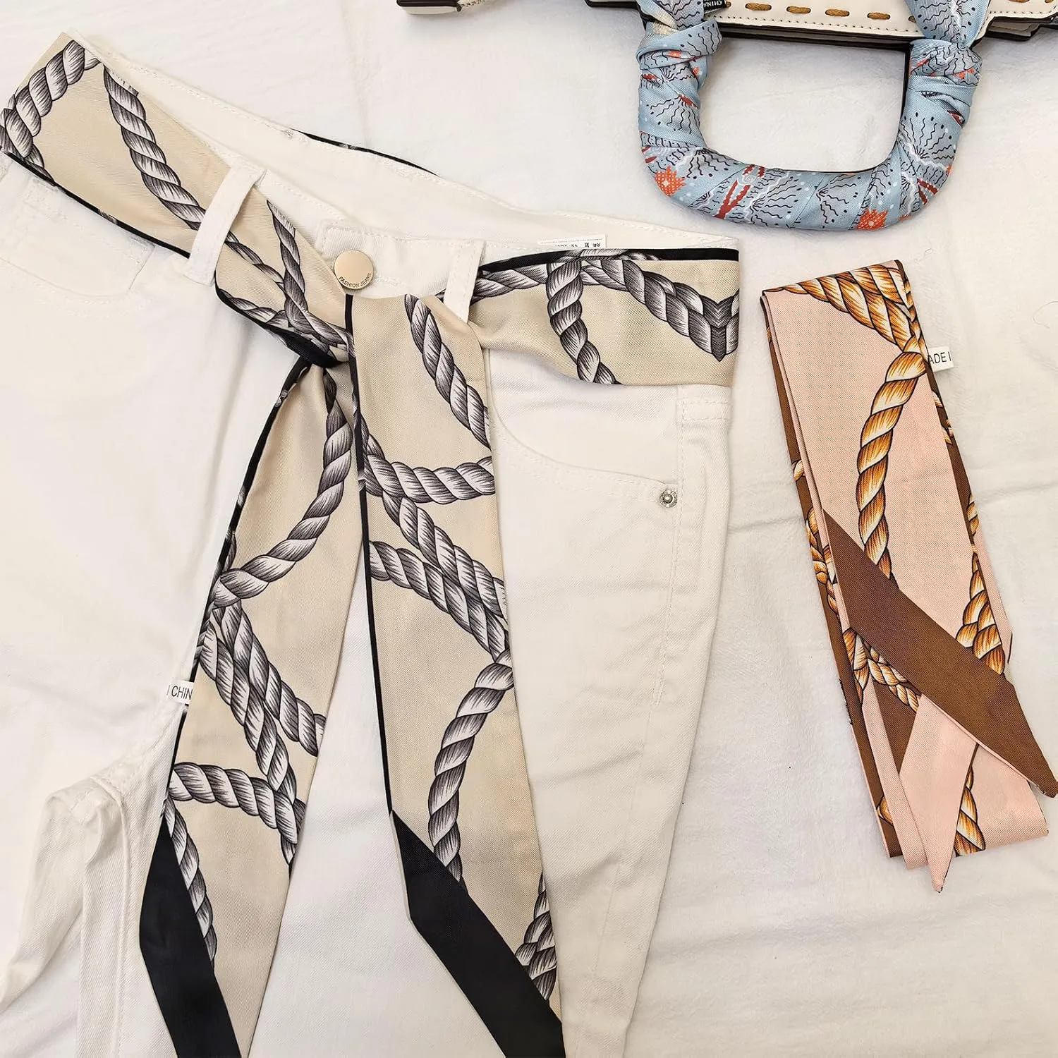 2 Pack Silk Purse Scarf For Handbags Head Hair Ribbon Fashion Skinny Scarf For Women Long Neckerchief