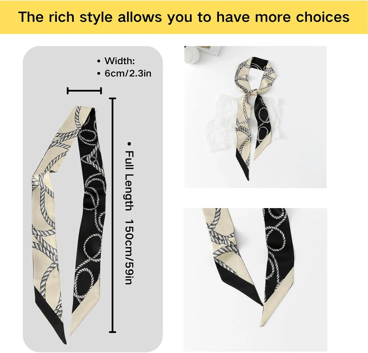2 Pack Silk Purse Scarf For Handbags Head Hair Ribbon Fashion Skinny Scarf For Women Long Neckerchief