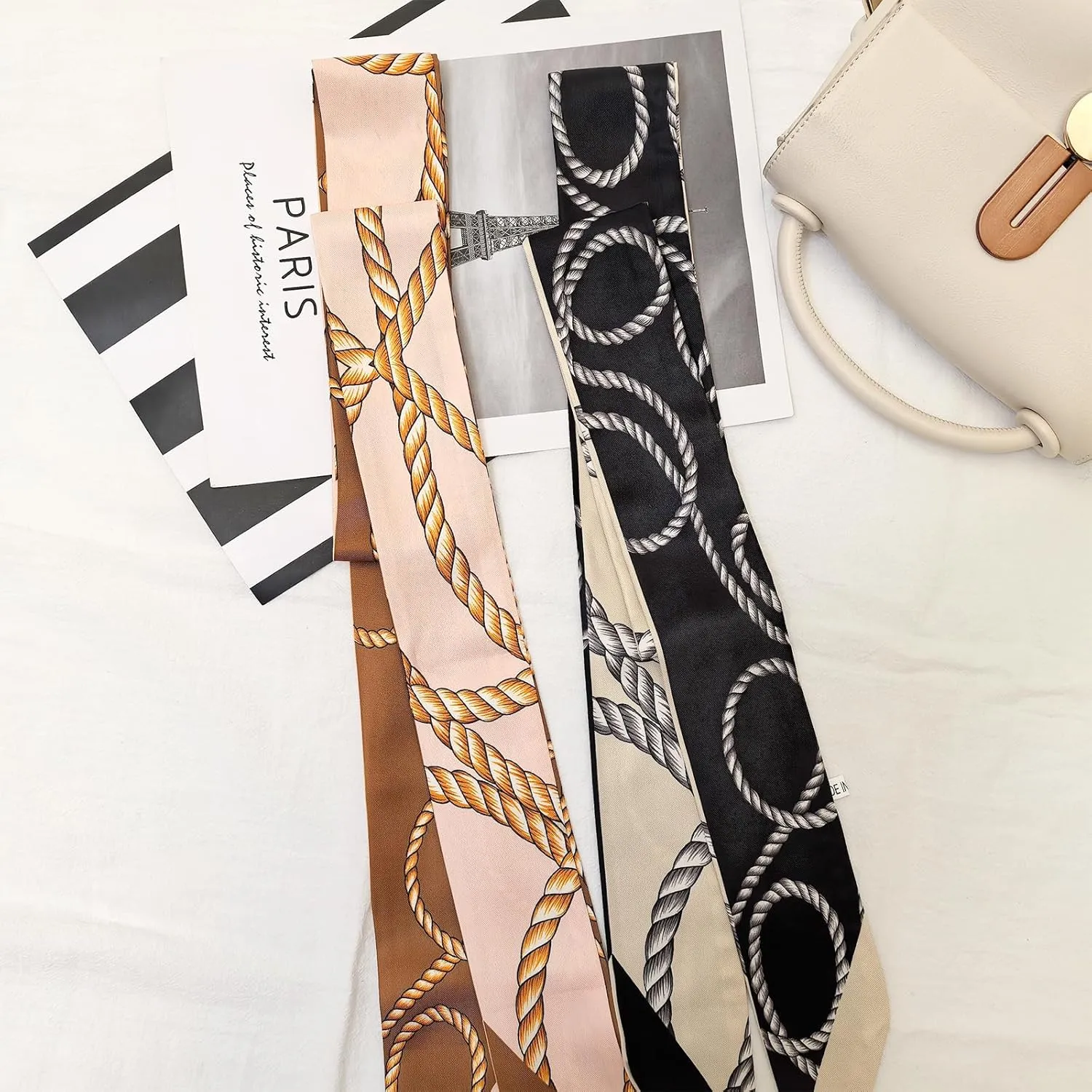 2 Pack Silk Purse Scarf For Handbags Head Hair Ribbon Fashion Skinny Scarf For Women Long Neckerchief