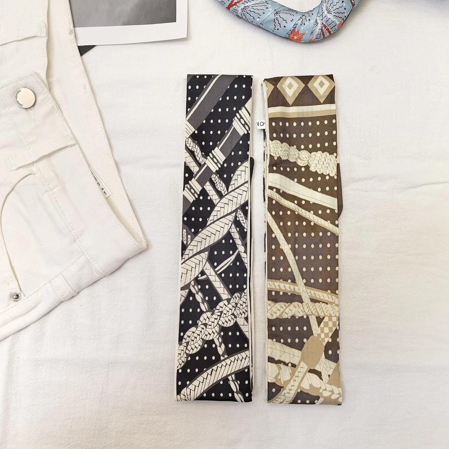 2 Pack Silk Purse Scarf For Handbags Head Hair Ribbon Fashion Skinny Scarf For Women Long Neckerchief