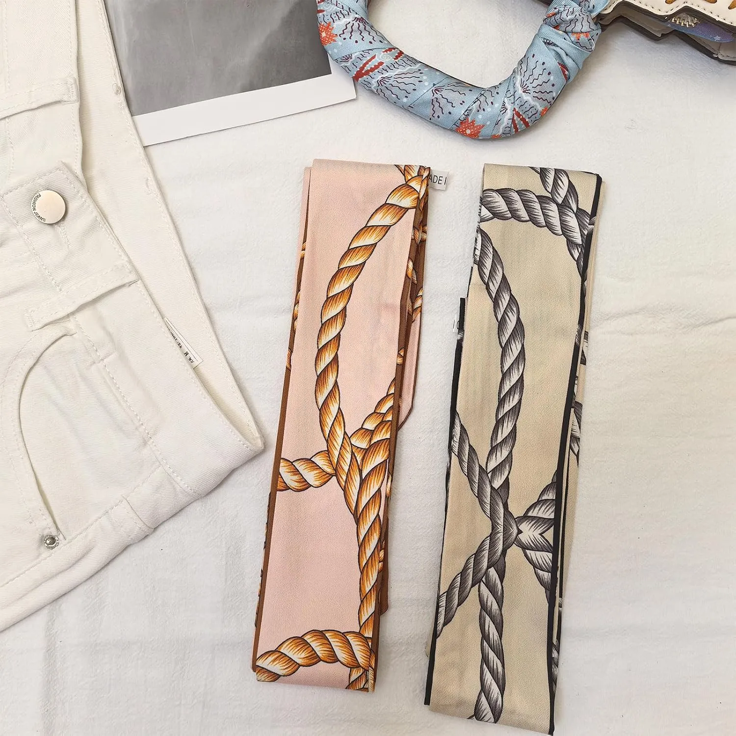 2 Pack Silk Purse Scarf For Handbags Head Hair Ribbon Fashion Skinny Scarf For Women Long Neckerchief