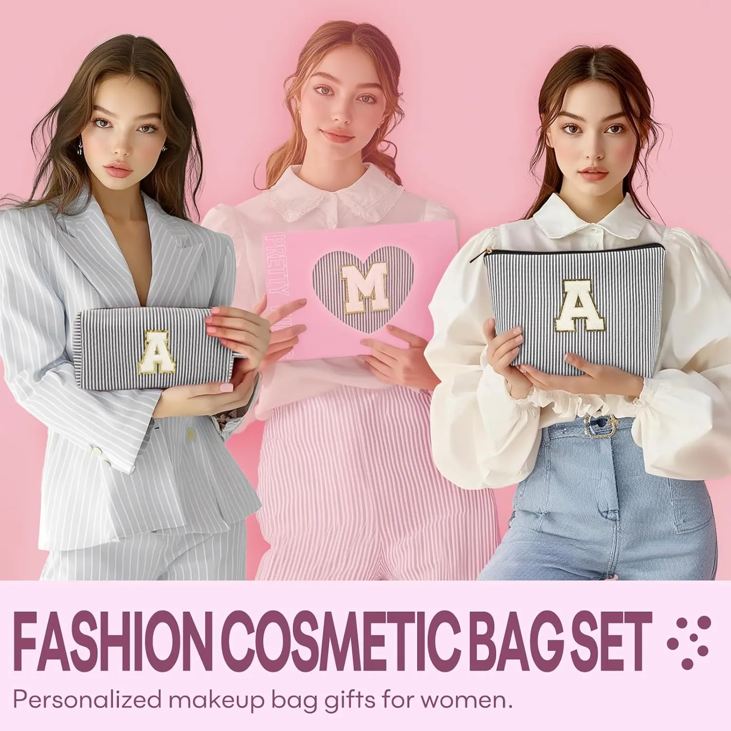 2 PCS Initial Makeup Bags for Women: Cosmetic Bag for Travel Toiletry - Birthday Gifts for 11 12 13 14 15 16 17 18 Years Old Girl Graduation Teacher Gift- Teen Girl Gifts Trendy Stuff - Black A
