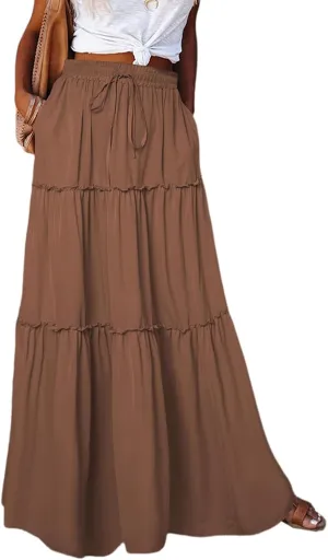 2024 Womens Floral Print Boho Maxi Skirt Elastic High Waist Pleated Ruffle Flowy Charming Bohemian Long Skirts S-XL
