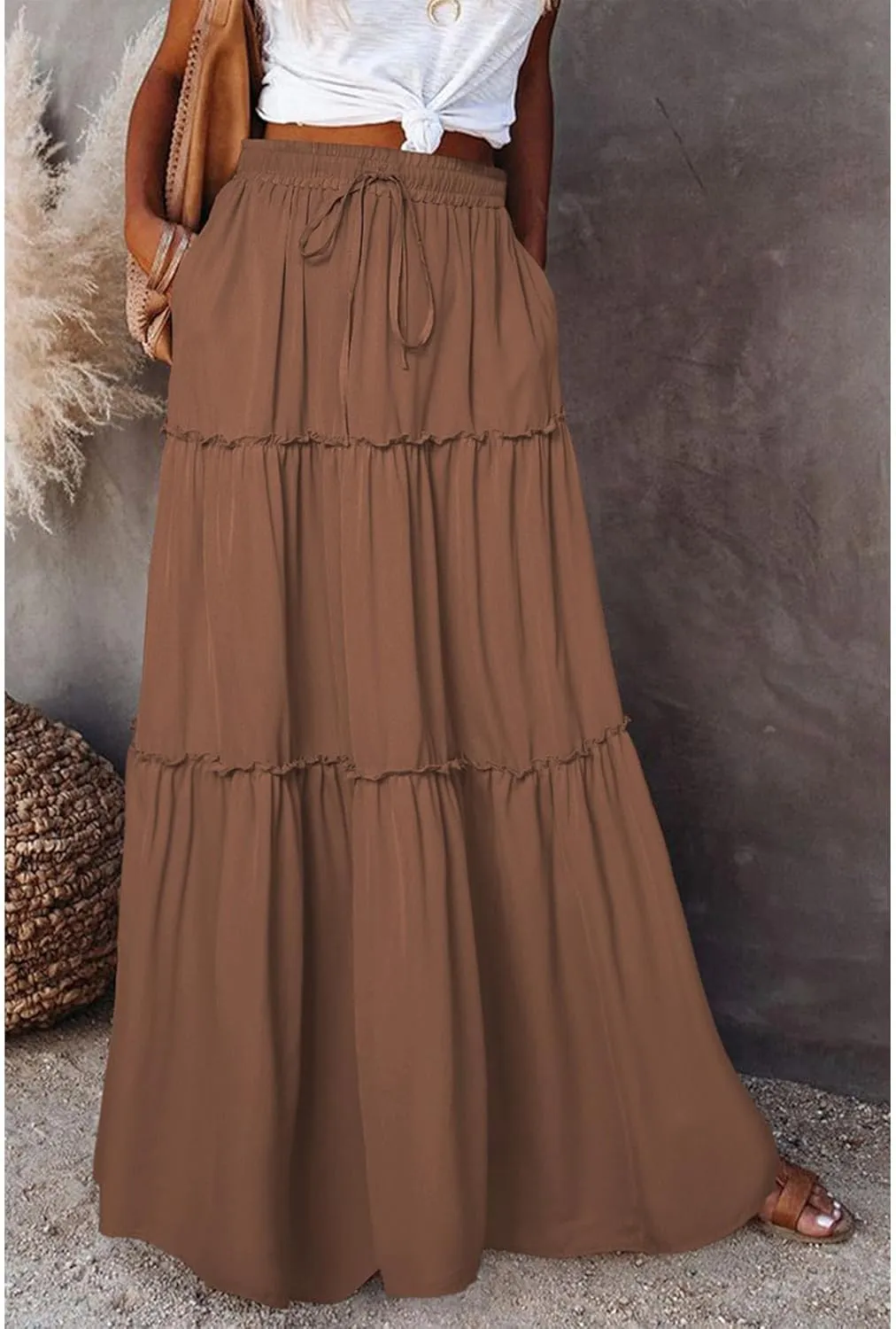 2024 Womens Floral Print Boho Maxi Skirt Elastic High Waist Pleated Ruffle Flowy Charming Bohemian Long Skirts S-XL