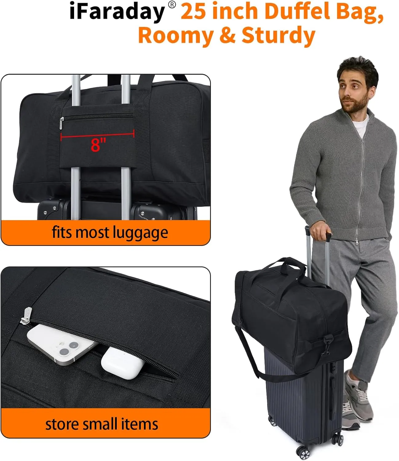 25 inch Travel Duffle Bag for Men - 40L Weekender Overnight Bag for Gym Sport - Black