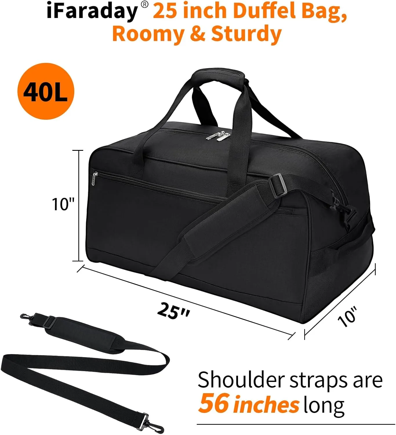 25 inch Travel Duffle Bag for Men - 40L Weekender Overnight Bag for Gym Sport - Black
