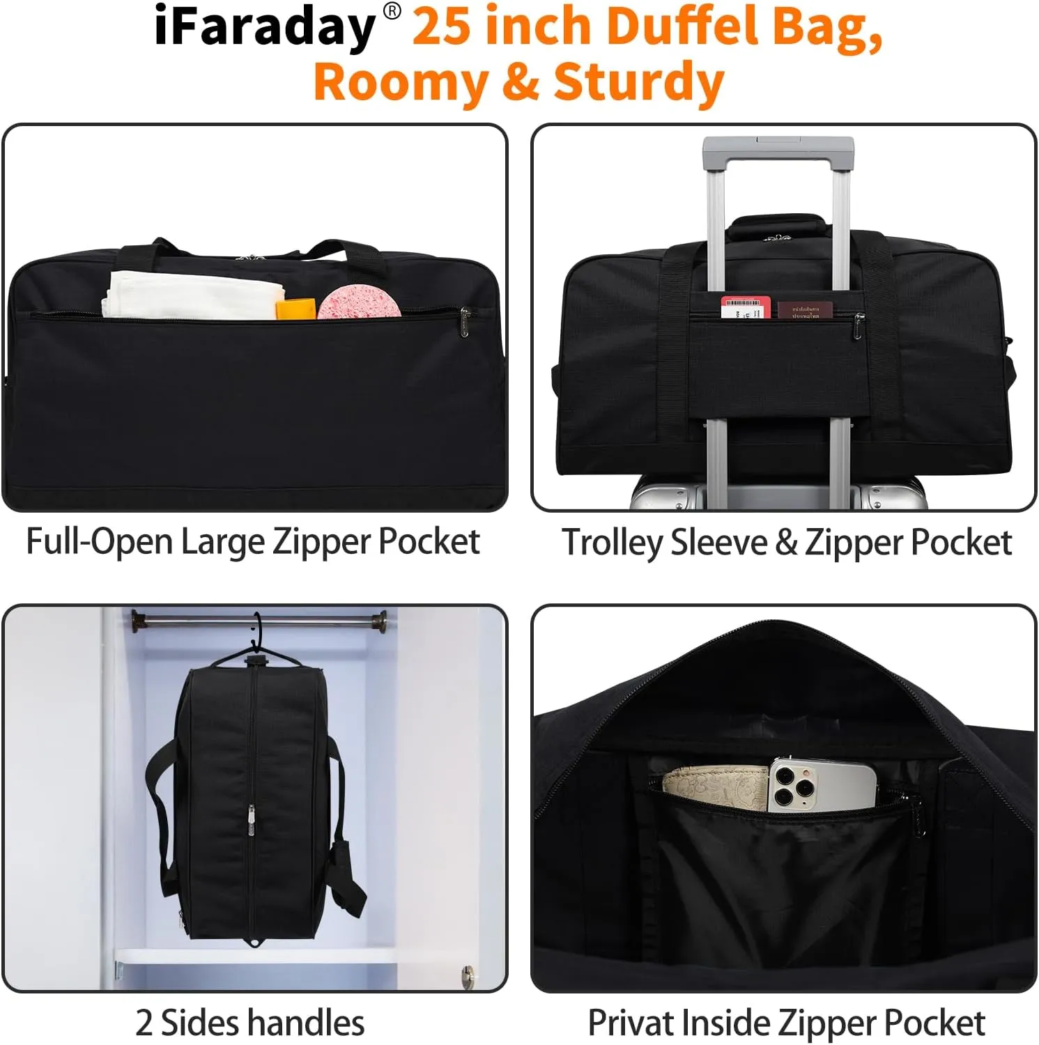 25 inch Travel Duffle Bag for Men - 40L Weekender Overnight Bag for Gym Sport - Black