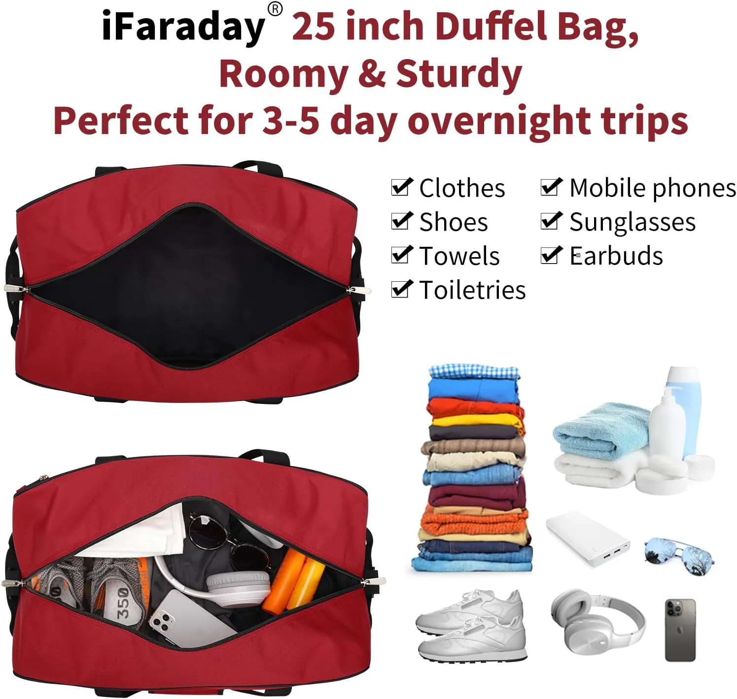 25 inch Travel Duffle Bag for Men - 40L Weekender Overnight Bag for Gym Sport - Red