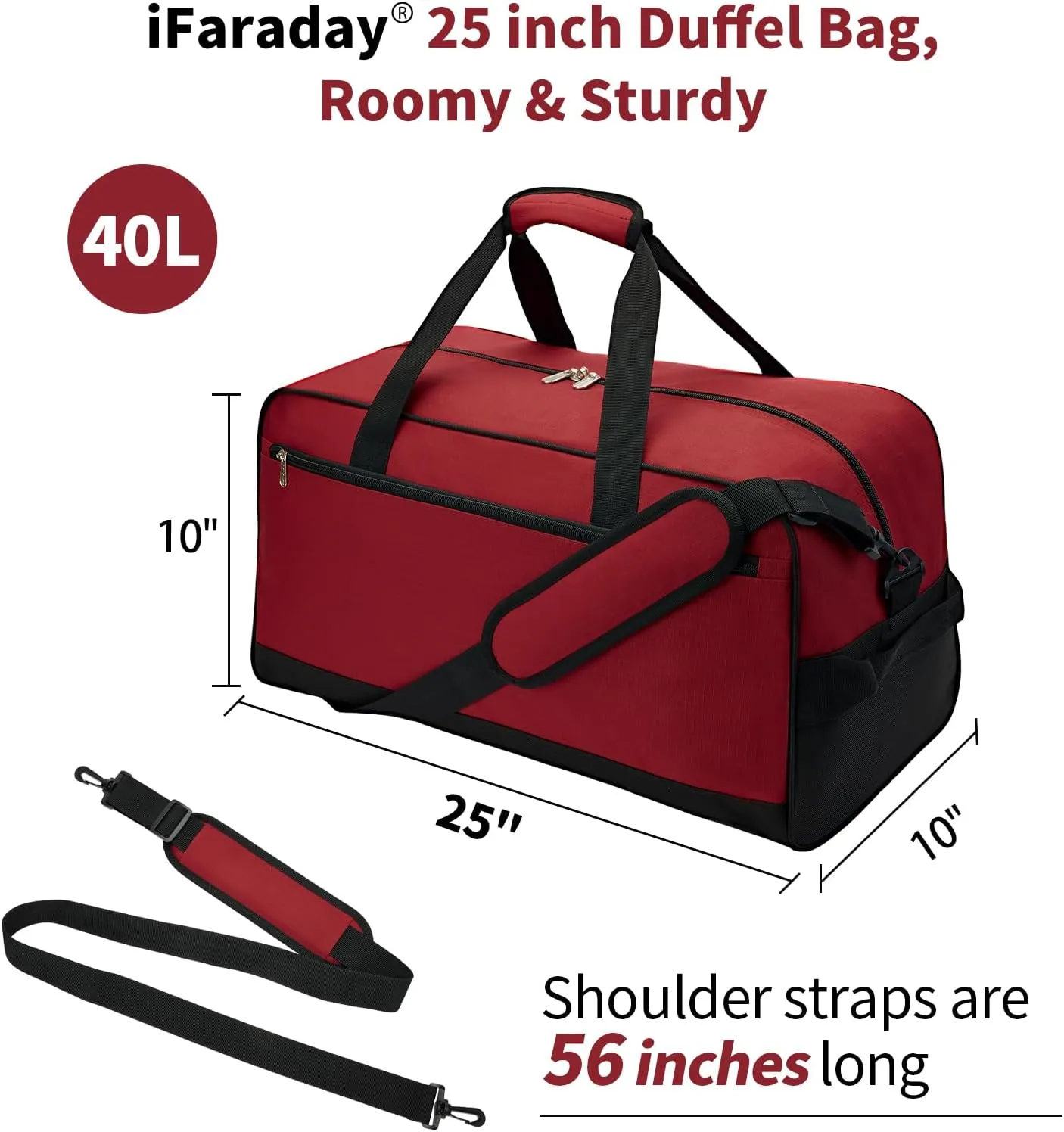 25 inch Travel Duffle Bag for Men - 40L Weekender Overnight Bag for Gym Sport - Red