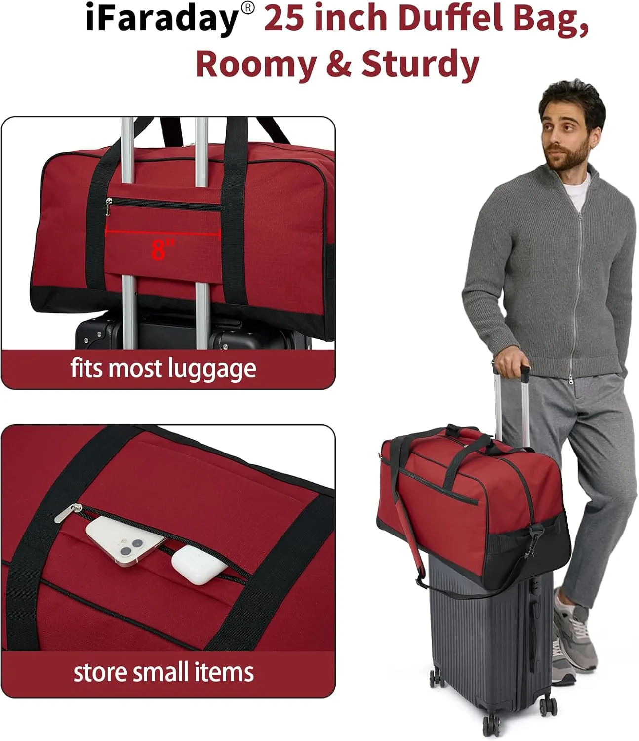 25 inch Travel Duffle Bag for Men - 40L Weekender Overnight Bag for Gym Sport - Red
