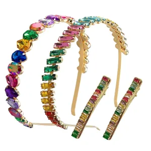 2Pcs Headbands and 2Pcs HairClips,Shiny Colored Diamond Hair Accessories,Colorful Rhinestone rings,Sparkling Hair DuckClips,Stylish Hair Hoops for Women Girls, Daily Wear,Party,Weddings.