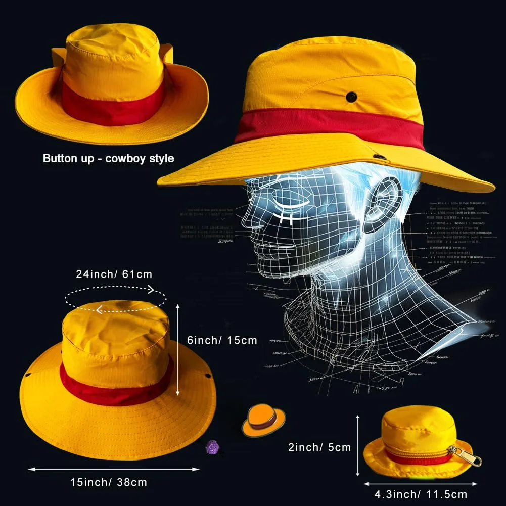 3-in-1 Captain Inspired Sun Hat Set - UPF 50  Foldable Wide Brim Bucket Hat with Adjustable Back Vent   Strawhat Key Case & Enamel Pin, Unisex Waterproof Outdoor Hat, Normal Version