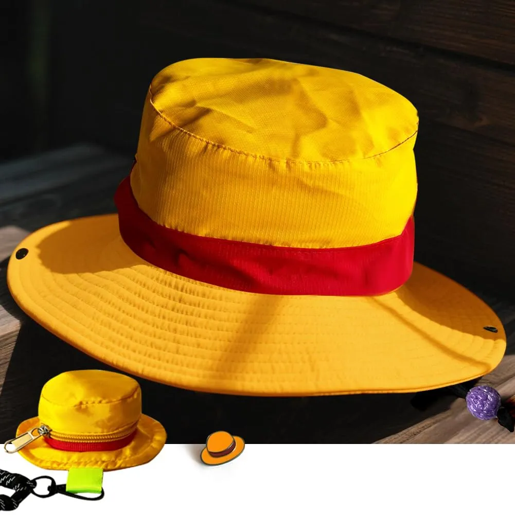 3-in-1 Captain Inspired Sun Hat Set - UPF 50  Foldable Wide Brim Bucket Hat with Adjustable Back Vent   Strawhat Key Case & Enamel Pin, Unisex Waterproof Outdoor Hat, Normal Version