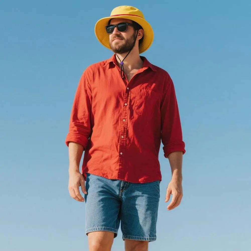 3-in-1 Captain Inspired Sun Hat Set - UPF 50  Foldable Wide Brim Bucket Hat with Adjustable Back Vent   Strawhat Key Case & Enamel Pin, Unisex Waterproof Outdoor Hat, Normal Version