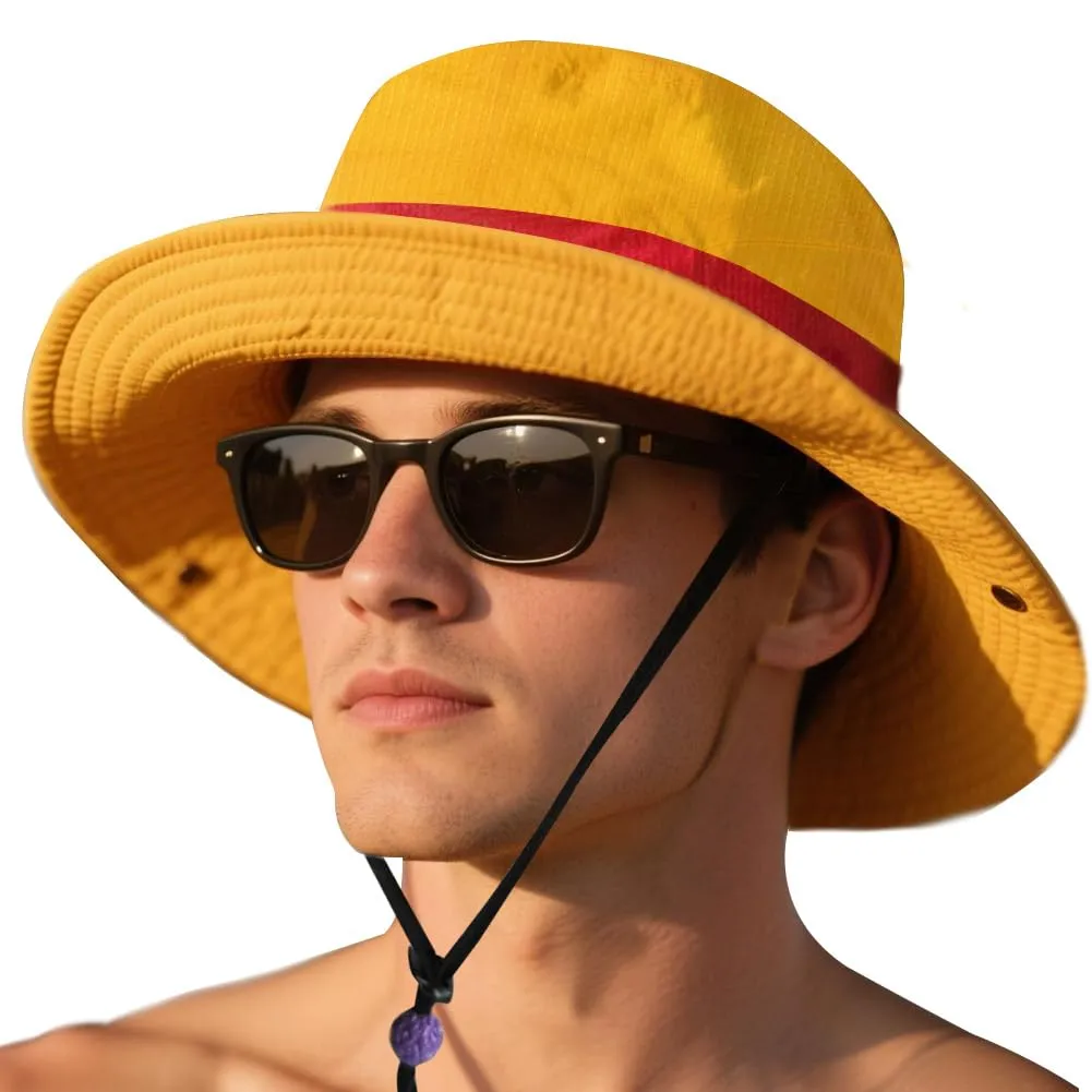 3-in-1 Captain Inspired Sun Hat Set - UPF 50  Foldable Wide Brim Bucket Hat with Adjustable Back Vent   Strawhat Key Case & Enamel Pin, Unisex Waterproof Outdoor Hat, Normal Version