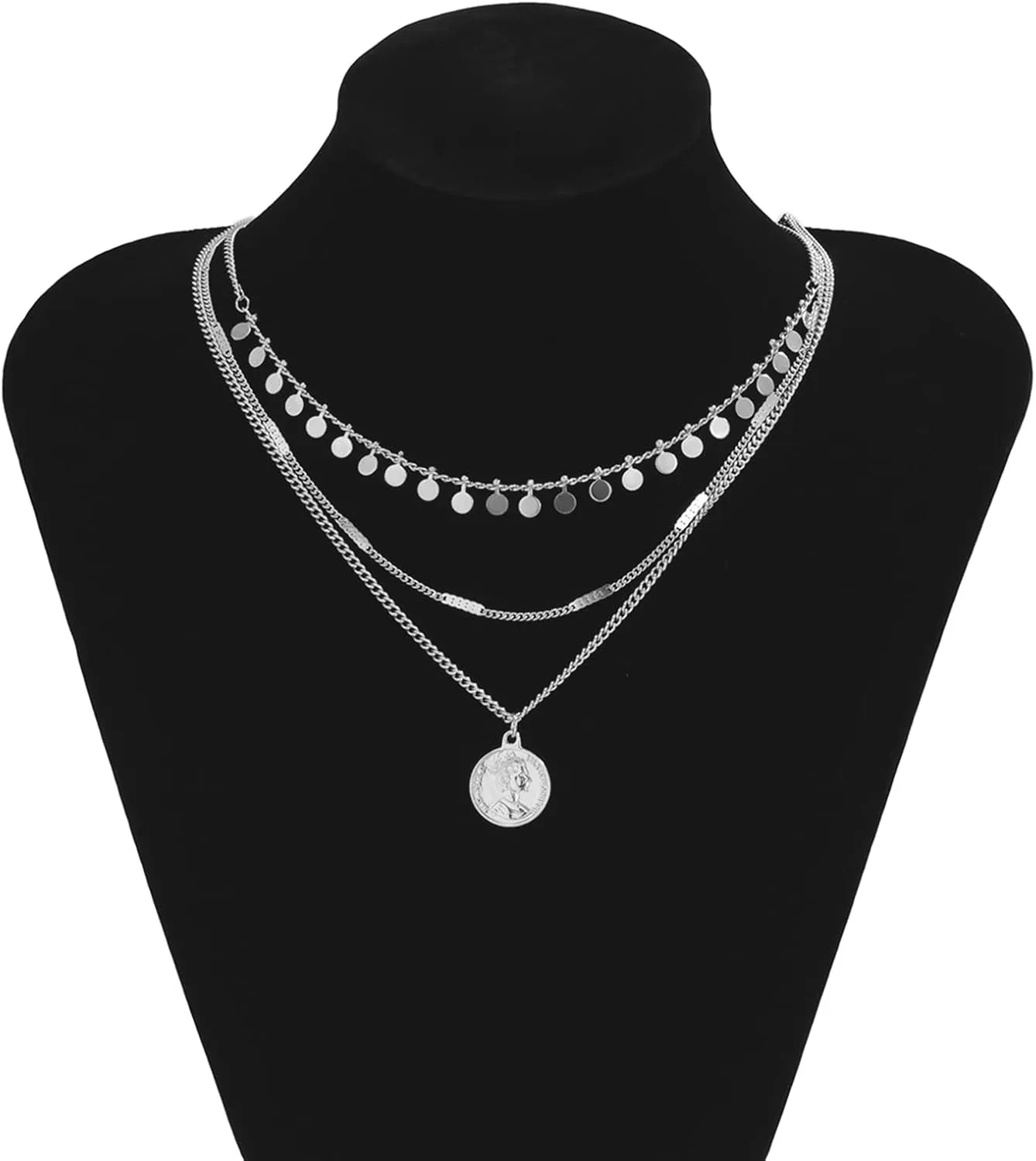 3 Layer Layering Necklaces for Women Long , Coin Pendant Sequin Gold Plated Layering Necklaces for Women