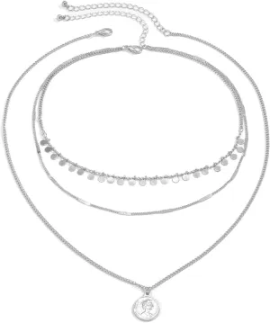 3 Layer Layering Necklaces for Women Long , Coin Pendant Sequin Gold Plated Layering Necklaces for Women