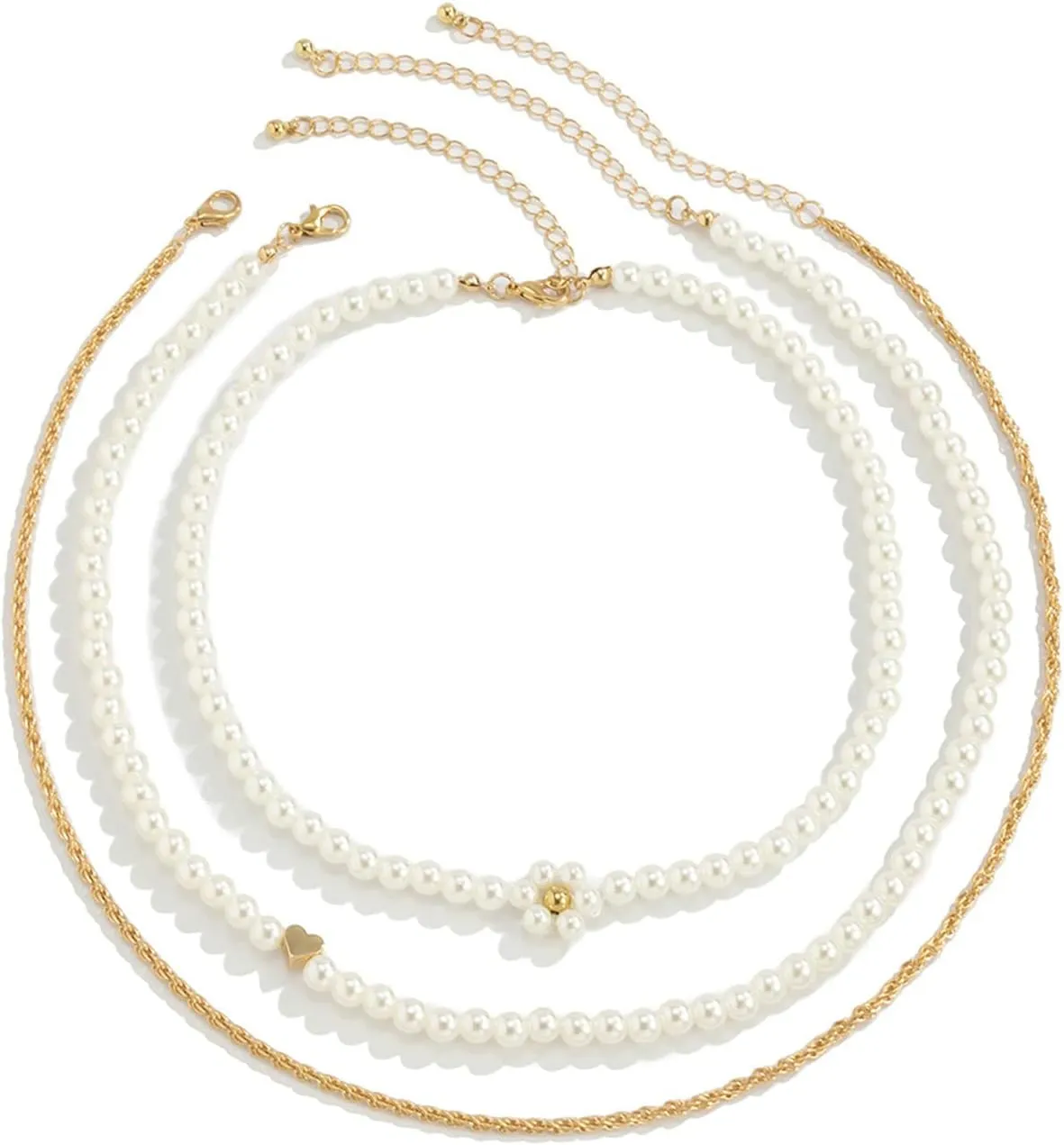 3 Layer Multi Layered Trendy Womens Necklaces, Flower Imitation Pearl Layered Gold Necklaces for Women Long