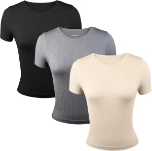 3 Pack Casual Workout Stretch T Shirts for Women, Basic Crewneck Seamless Womens Short Sleeve Yoga Tops