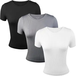 3 Pack Casual Workout Stretch T Shirts for Women, Basic Crewneck Seamless Womens Short Sleeve Yoga Tops