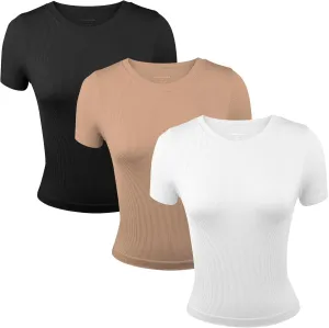 3 Pack Casual Workout Stretch T Shirts for Women, Basic Crewneck Seamless Womens Short Sleeve Yoga Tops