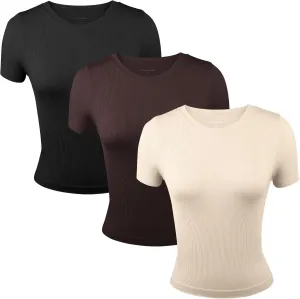 3 Pack Casual Workout Stretch T Shirts for Women, Basic Crewneck Seamless Womens Short Sleeve Yoga Tops