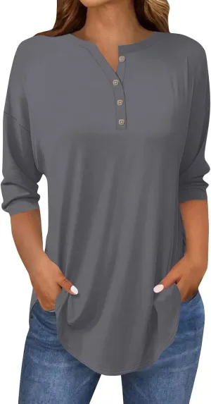 3/4 Length Sleeve Womens Tops 2025 Casual Loose Fit Long Tunic Tops Henley Neck Three Quarter Sleeve Button Up Shirts