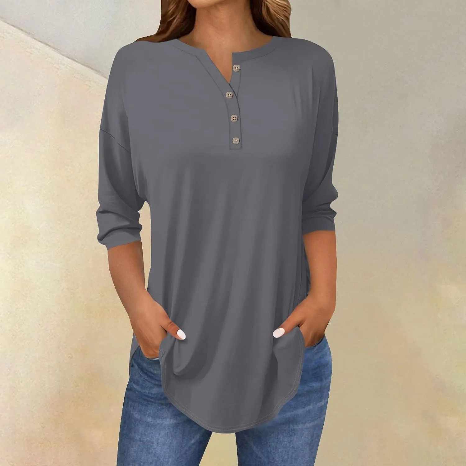 3/4 Length Sleeve Womens Tops 2025 Casual Loose Fit Long Tunic Tops Henley Neck Three Quarter Sleeve Button Up Shirts