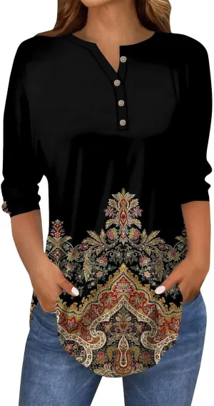 3/4 Length Sleeve Womens Tops 2025 Spring Henley Neck Casual Print Tunic T Shirts Summer Trendy Boho Floral Blouses