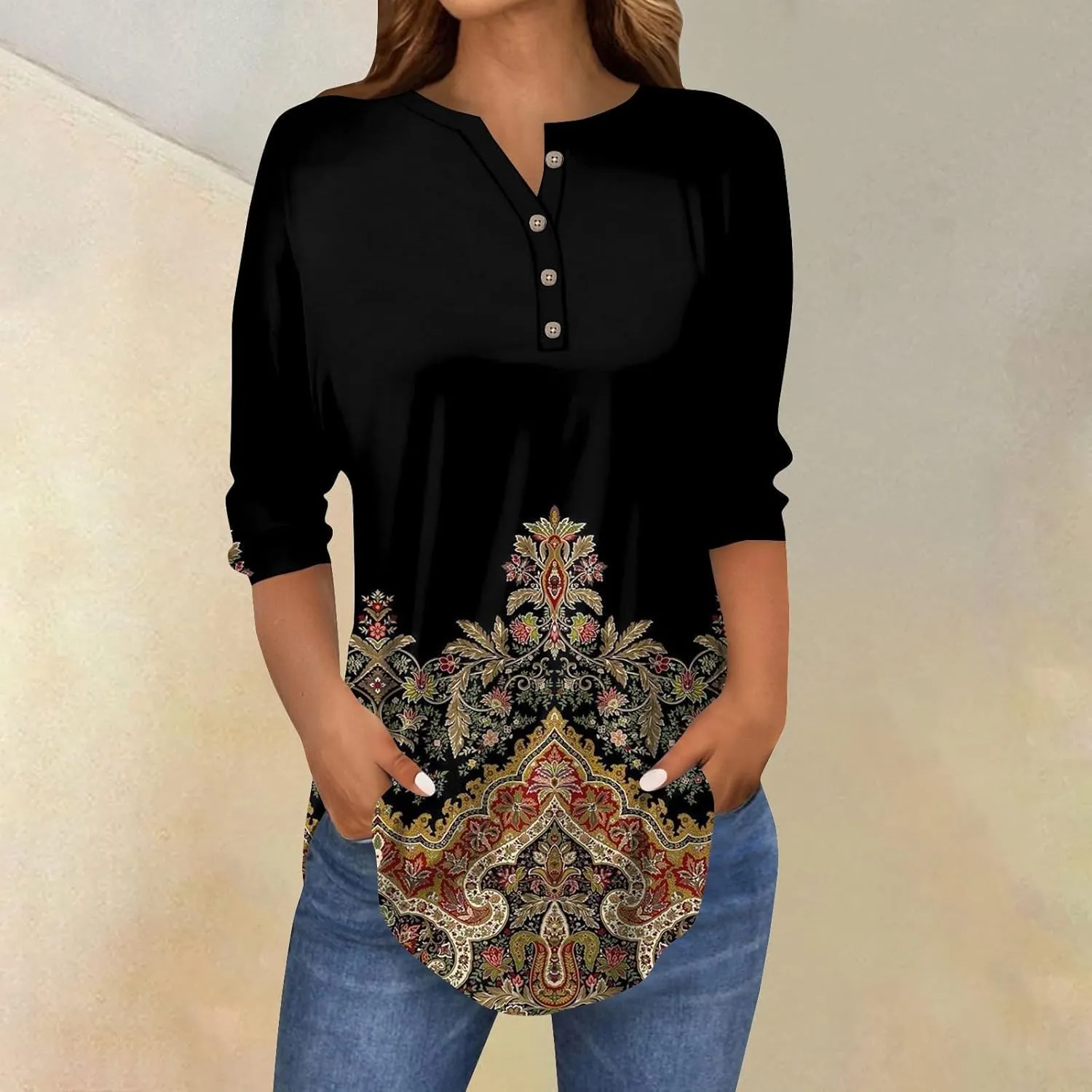 3/4 Length Sleeve Womens Tops 2025 Spring Henley Neck Casual Print Tunic T Shirts Summer Trendy Boho Floral Blouses