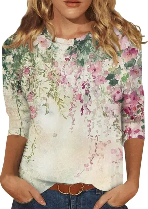 3/4 Length Sleeve Womens Tops Women's Casual Round Neck Tunic Tops Basic Tees Blouses Loose Fit Business Work Tee 2025 Summer