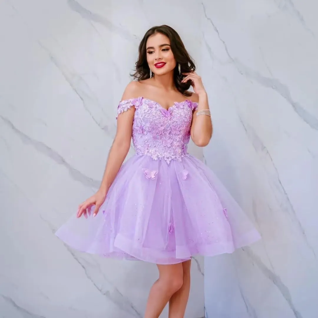 3D Butterfly Homecoming Dresses for Teens Off Shoulder Short Prom Dress Glitter Tulle Quinceanera Dresses Ball Gown