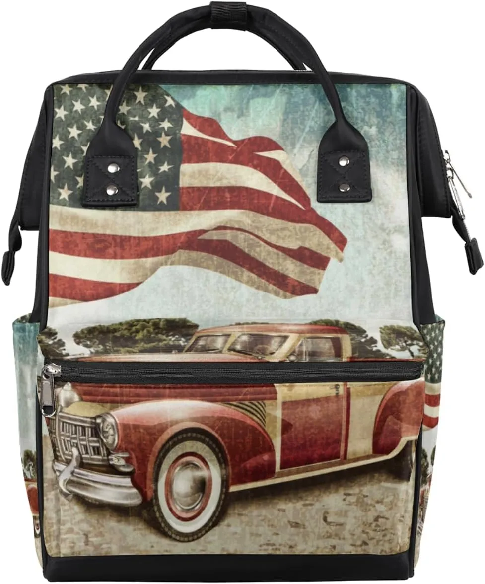 4th Of July American Flag Vintage Car Diaper Bag Tote Large Capacity Waterproof with Adjustable Shoulder Strap and Pram Straps Mommy Bag for Hospital Beach Weekender Travel