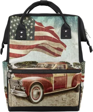 4th Of July American Flag Vintage Car Diaper Bag Tote Large Capacity Waterproof with Adjustable Shoulder Strap and Pram Straps Mommy Bag for Hospital Beach Weekender Travel